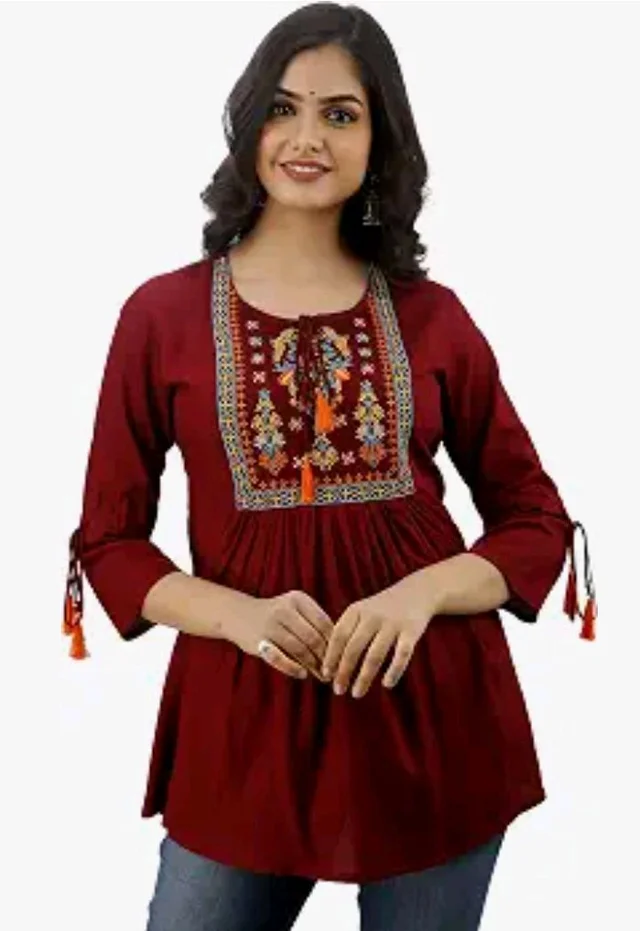 DMP FASHION Women's Rayon Embroidery Work Top with Tasseles at Front and on Both Sleeves.(Maroon)
- L