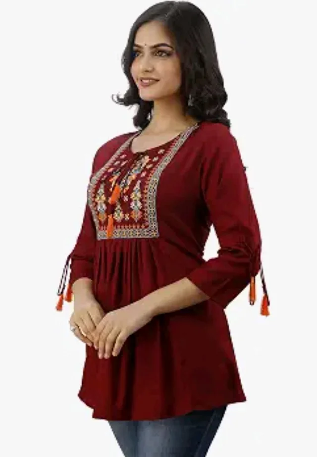 DMP FASHION Women's Rayon Embroidery Work Top with Tasseles at Front and on Both Sleeves.(Maroon)
- L