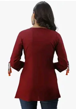 DMP FASHION Women's Rayon Embroidery Work Top with Tasseles at Front and on Both Sleeves.(Maroon)
- L