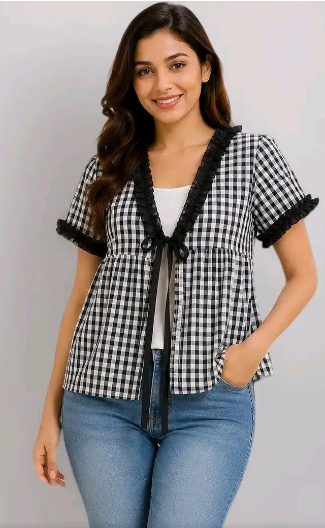 Women's Gingham Check Peplum Top, Cotton, Ruffle Trim with Tie-Up Front, Short Sleeve, Casual
- 2XL