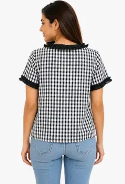 Women's Gingham Check Peplum Top, Cotton, Ruffle Trim with Tie-Up Front, Short Sleeve, Casual
- 2XL