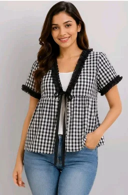 Women's Gingham Check Peplum Top, Cotton, Ruffle Trim with Tie-Up Front, Short Sleeve, Casual
- 2XL