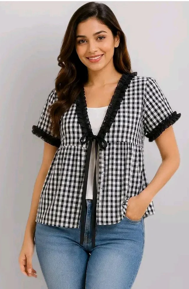 Women's Gingham Check Peplum Top, Cotton, Ruffle Trim with Tie-Up Front, Short Sleeve, Casual
- 2XL