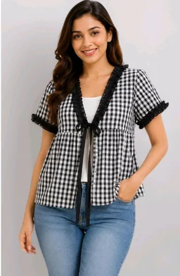 Women's Gingham Check Peplum Top, Cotton, Ruffle Trim with Tie-Up Front, Short Sleeve, Casual
- 2XL