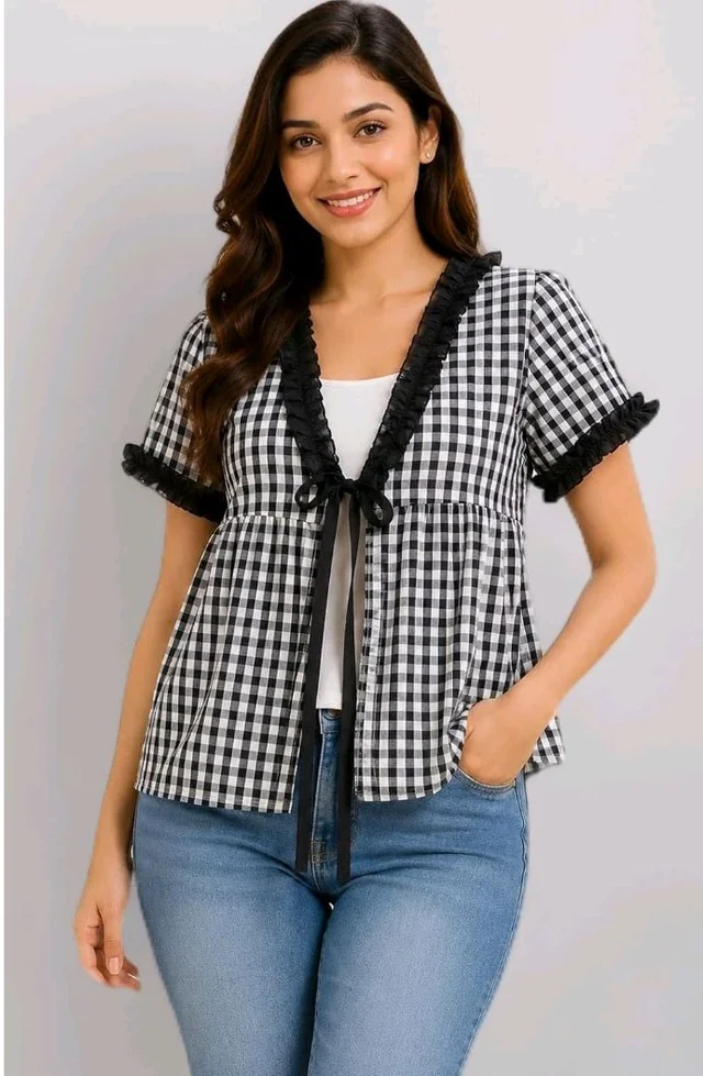 Women's Gingham Check Peplum Top, Cotton, Ruffle Trim with Tie-Up Front, Short Sleeve, Casual
- 2XL