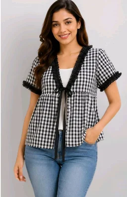 Women's Gingham Check Peplum Top, Cotton, Ruffle Trim with Tie-Up Front, Short Sleeve, Casual
- 2XL
