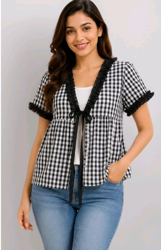 Women's Gingham Check Peplum Top, Cotton, Ruffle Trim with Tie-Up Front, Short Sleeve, Casual
- 2XL