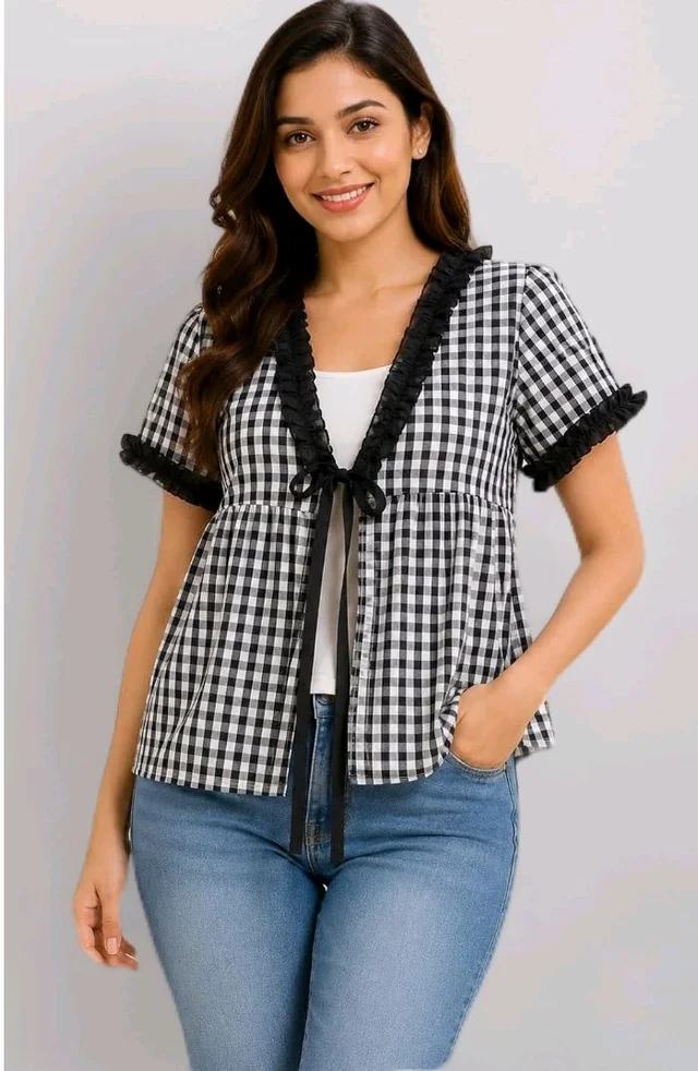 Women's Gingham Check Peplum Top, Cotton, Ruffle Trim with Tie-Up Front, Short Sleeve, Casual
- 2XL