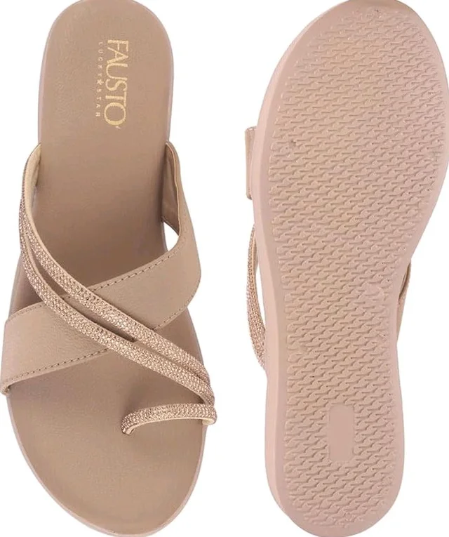FAUSTO Women Embellished Shimmery Cross Strap Toe Ring Wedding Slip On Slippers | Soft Cushioned Footbed Wedge Sandals | Party, Mehndi, Festive
- 10