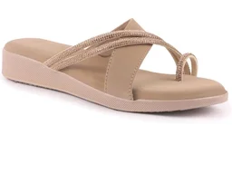 FAUSTO Women Embellished Shimmery Cross Strap Toe Ring Wedding Slip On Slippers | Soft Cushioned Footbed Wedge Sandals | Party, Mehndi, Festive
- 10