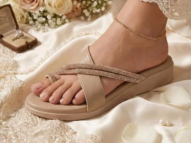 FAUSTO Women Embellished Shimmery Cross Strap Toe Ring Wedding Slip On Slippers | Soft Cushioned Footbed Wedge Sandals | Party, Mehndi, Festive
- 10