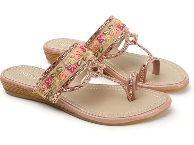 DIPYO Women's Floral Embroidered Ethnic Slip-On Sandals Comfortable & Stylish Flat Sandals For Wedding & Party - 10