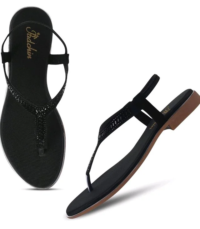 Padchin Women’s Flat Sandals with Embellished T-Strap Footwear - 10