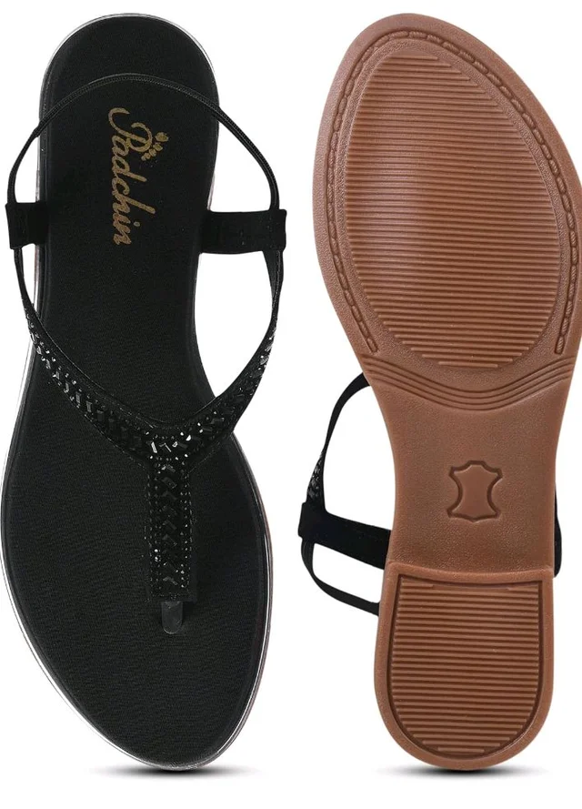Padchin Women’s Flat Sandals with Embellished T-Strap Footwear - 10