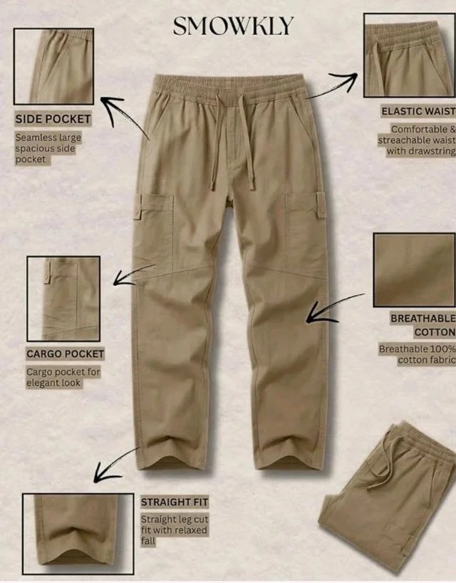 Cargo for Men | Cotton Cargo Pant | Lower for man | Elastic Drawstring Waist Straight Fit Bottoms | Comfortable Breathable Cargos for Casual, Office Wear - 34