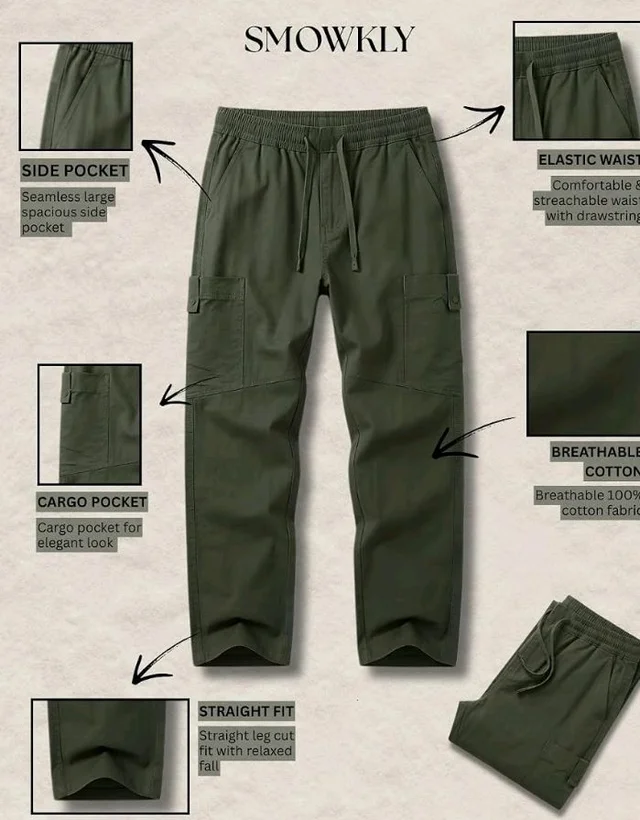 Cargo for Men | Cotton Cargo Pant | Lower for man | Elastic Drawstring Waist Straight Fit Bottoms | Comfortable Breathable Cargos for Casual, Office Wear - 34
