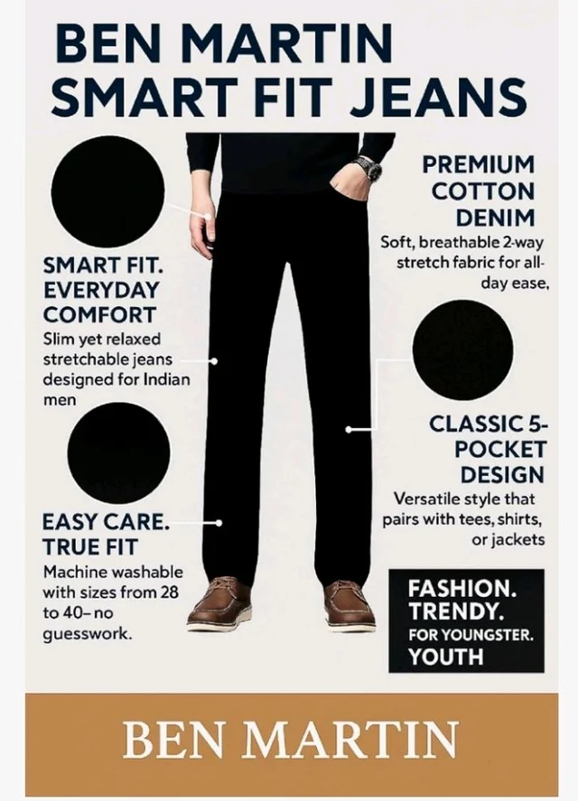 Ben Martin Men's Smart Fit Stretchable Jeans || Mid-Rise Denim Pants with Whisker Wash || Premium Casual Wear Jean for Men || 5 Pocket Jean's for Men's (2) - 32