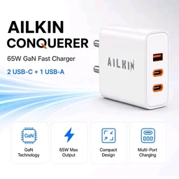 AILKIN Conquerer 65W GaN Fast Charger, 1 x Type A, 2 X Type C, PD 3.0 PPS Wall Charger for MacBook Air/Pro, iPhone 16/15/14/13, Samsung Galaxy S25/S24, iPad, Tablets & More