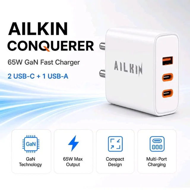 AILKIN Conquerer 65W GaN Fast Charger, 1 x Type A, 2 X Type C, PD 3.0 PPS Wall Charger for MacBook Air/Pro, iPhone 16/15/14/13, Samsung Galaxy S25/S24, iPad, Tablets & More