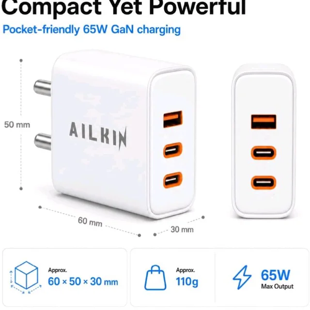 AILKIN Conquerer 65W GaN Fast Charger, 1 x Type A, 2 X Type C, PD 3.0 PPS Wall Charger for MacBook Air/Pro, iPhone 16/15/14/13, Samsung Galaxy S25/S24, iPad, Tablets & More