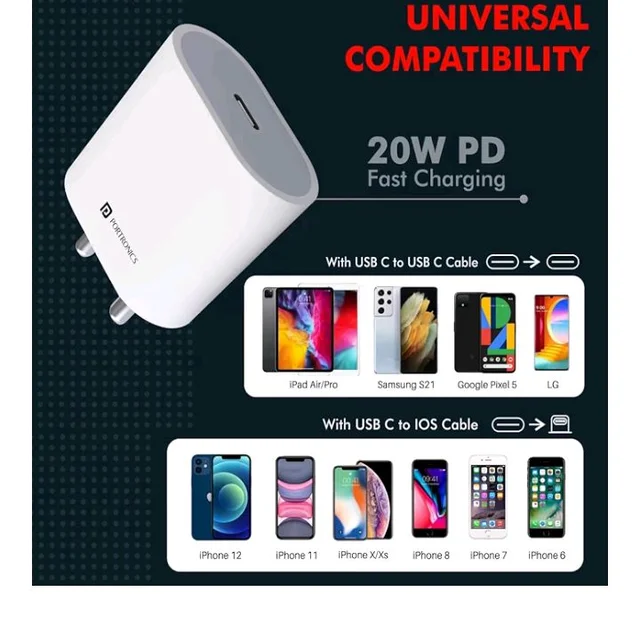 Portronics Adapto 20 Type C 20W Fast PD/Type C Adapter Charger with Fast Charging for iPhone 12/12 Pro/12 Mini/12 Pro Max/11/XS/XR/X/8/Plus, iPad Pro/Air/Mini, Galaxy 10/9/8 (Adapter Only) White