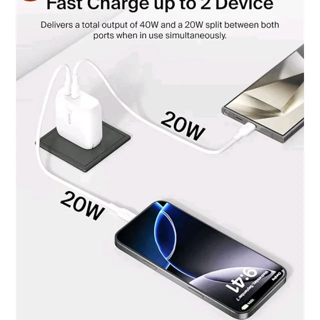 Belkin 40W (20W + 20W) Two Ports USB -C PD Wall Charger | Fast Charging for iPhone 17, Air, Pro, Pro Max, Samsung Galaxy S25, Google Pixel 10, iPad, AirPods, & More | 2 Years Warranty, White