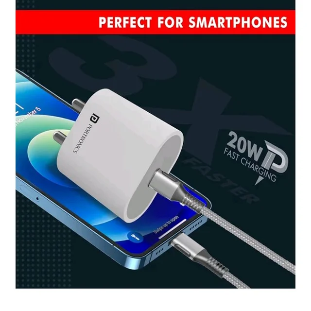 Portronics Adapto 20 Type C 20W Fast PD/Type C Adapter Charger with Fast Charging for iPhone 12/12 Pro/12 Mini/12 Pro Max/11/XS/XR/X/8/Plus, iPad Pro/Air/Mini, Galaxy 10/9/8 (Adapter Only) White