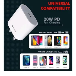 Portronics Adapto 20 Type C 20W Fast PD/Type C Adapter Charger with Fast Charging for iPhone 12/12 Pro/12 Mini/12 Pro Max/11/XS/XR/X/8/Plus, iPad Pro/Air/Mini, Galaxy 10/9/8 (Adapter Only) White
