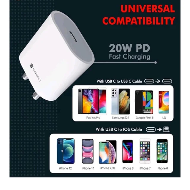 Portronics Adapto 20 Type C 20W Fast PD/Type C Adapter Charger with Fast Charging for iPhone 12/12 Pro/12 Mini/12 Pro Max/11/XS/XR/X/8/Plus, iPad Pro/Air/Mini, Galaxy 10/9/8 (Adapter Only) White