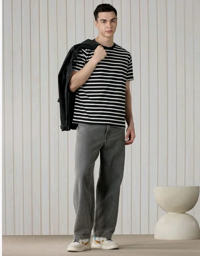 Amazon Brand - Symbol Men Cotton Rich Relaxed Fit Striped Tshirt | Half Sleeves | Available in Plus Size
