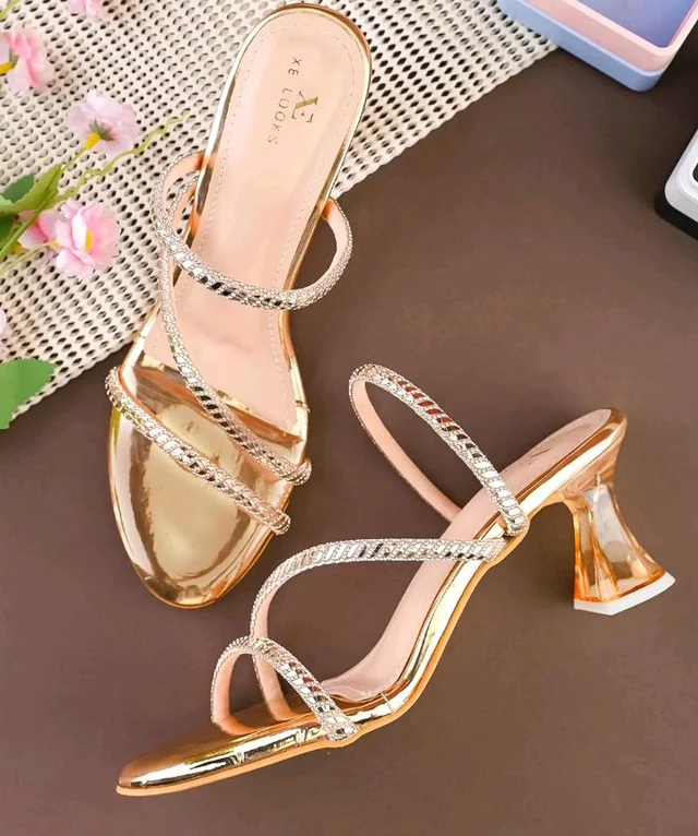 XE Looks Heels for Women | Glossy Finish | Criss-Cross Silver Embellished Straps | Comfortable Block Heel Sandals for Girls
- 11