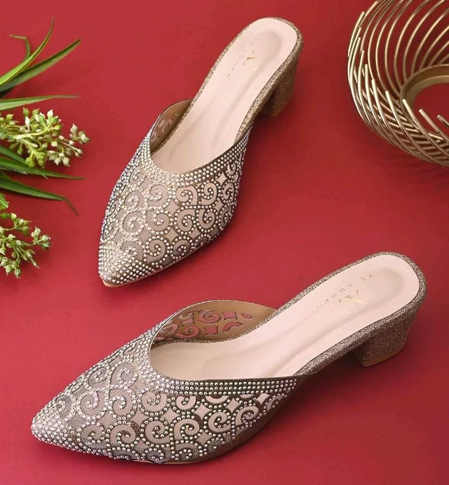 XE Looks Women’s Rhinestone Embellished Pointed Toe Mule Heels | Soft Cushioned Insole | Comfortable Stylish Slip-On Block Heel Sandals for Girls & Women
- 7