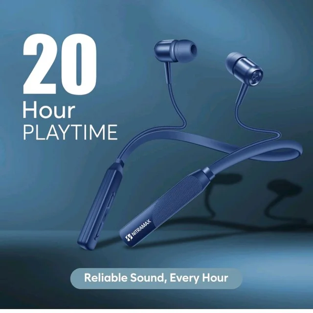 Bluetooth Neckband Earphones, Blue, 20 Hour Playtime, Superior Bass, Bluetooth 5.4, Noise Reduction
500+ bought in past month