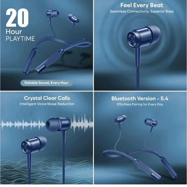 Bluetooth Neckband Earphones, Blue, 20 Hour Playtime, Superior Bass, Bluetooth 5.4, Noise Reduction
500+ bought in past month