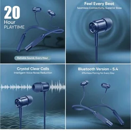 Bluetooth Neckband Earphones, Blue, 20 Hour Playtime, Superior Bass, Bluetooth 5.4, Noise Reduction
500+ bought in past month