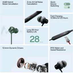 Brand: AYNEXS ORIGINAL
for OnePlus Z2 ANC Neckband Earphone Bluetooth with Fast Charging Long Playback Magnetic Control (Green)