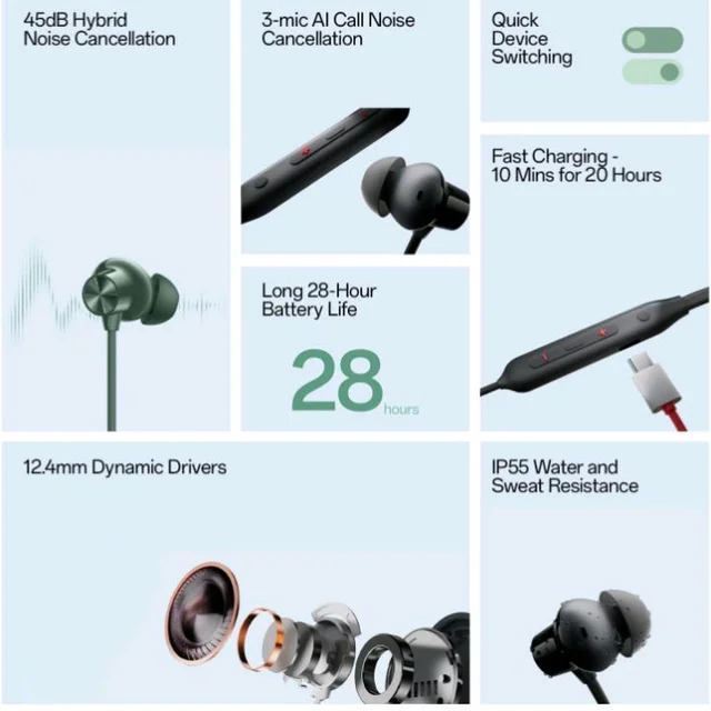 Brand: AYNEXS ORIGINAL
for OnePlus Z2 ANC Neckband Earphone Bluetooth with Fast Charging Long Playback Magnetic Control (Green)