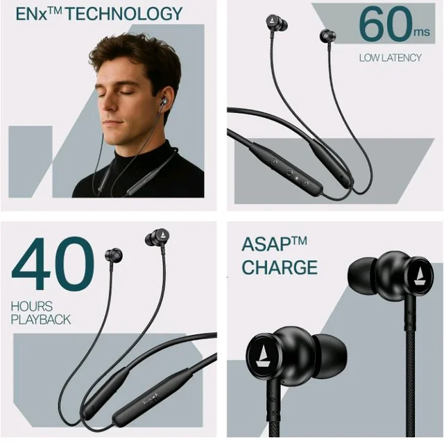 boAt Rockerz 113, 40 Hours Battery, Dual Pair, Fast Charge, ENx Technology, App Support, Magnetic Buds, Bluetooth Neckband, Wireless in Ear Earphones with Mic (Active Black)