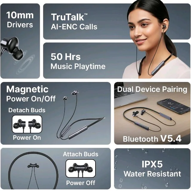 pTron Tangent Eon w/ 50Hrs Playtime, Immersive Sound, HD Mic & AI-ENC Clear Calls, Dual-Device Pairing, Magnetic On/Off Function, BT5.4 Wireless Neckband, Voice Asst., Type-C Charging & IPX5(Obsidian)
800+ bought in past month