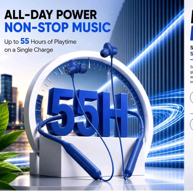 Kratos N4 Bluetooth Neckband with 55H Playtime, Deep Bass, Stereo Sound, HD Calls, Magnetic Earbuds, Type-C Fast Charging, Rich Audio, Hollow Switch for Comfort & Style (Blue)