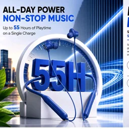 Kratos N4 Bluetooth Neckband with 55H Playtime, Deep Bass, Stereo Sound, HD Calls, Magnetic Earbuds, Type-C Fast Charging, Rich Audio, Hollow Switch for Comfort & Style (Blue)