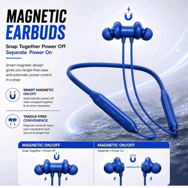 Kratos N4 Bluetooth Neckband with 55H Playtime, Deep Bass, Stereo Sound, HD Calls, Magnetic Earbuds, Type-C Fast Charging, Rich Audio, Hollow Switch for Comfort & Style (Blue)
