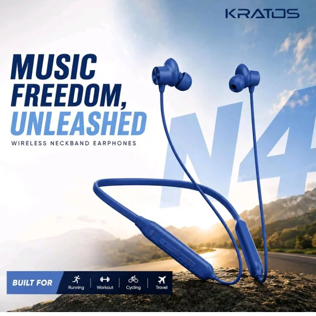 Kratos N4 Bluetooth Neckband with 55H Playtime, Deep Bass, Stereo Sound, HD Calls, Magnetic Earbuds, Type-C Fast Charging, Rich Audio, Hollow Switch for Comfort & Style (Blue)