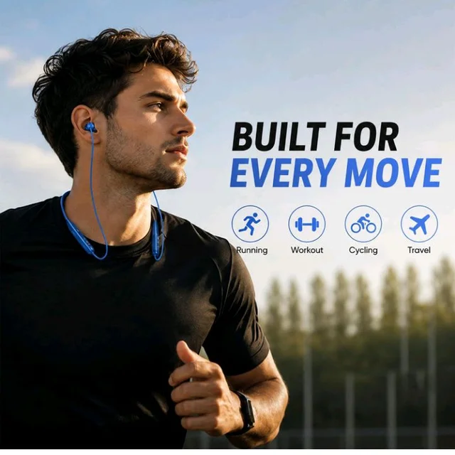 Kratos N4 Bluetooth Neckband with 55H Playtime, Deep Bass, Stereo Sound, HD Calls, Magnetic Earbuds, Type-C Fast Charging, Rich Audio, Hollow Switch for Comfort & Style (Blue)