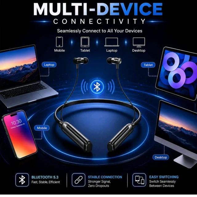 Kratos Jazz Neckband Bluetooth Headphones with 55H Playtime, Deep Bass, Stereo Sound, HD Calls, Magnetic Earbuds, Voice Assistant, Type-C Fast Charging, Rich Audio, Comfort Fit Bluetooth Neckband