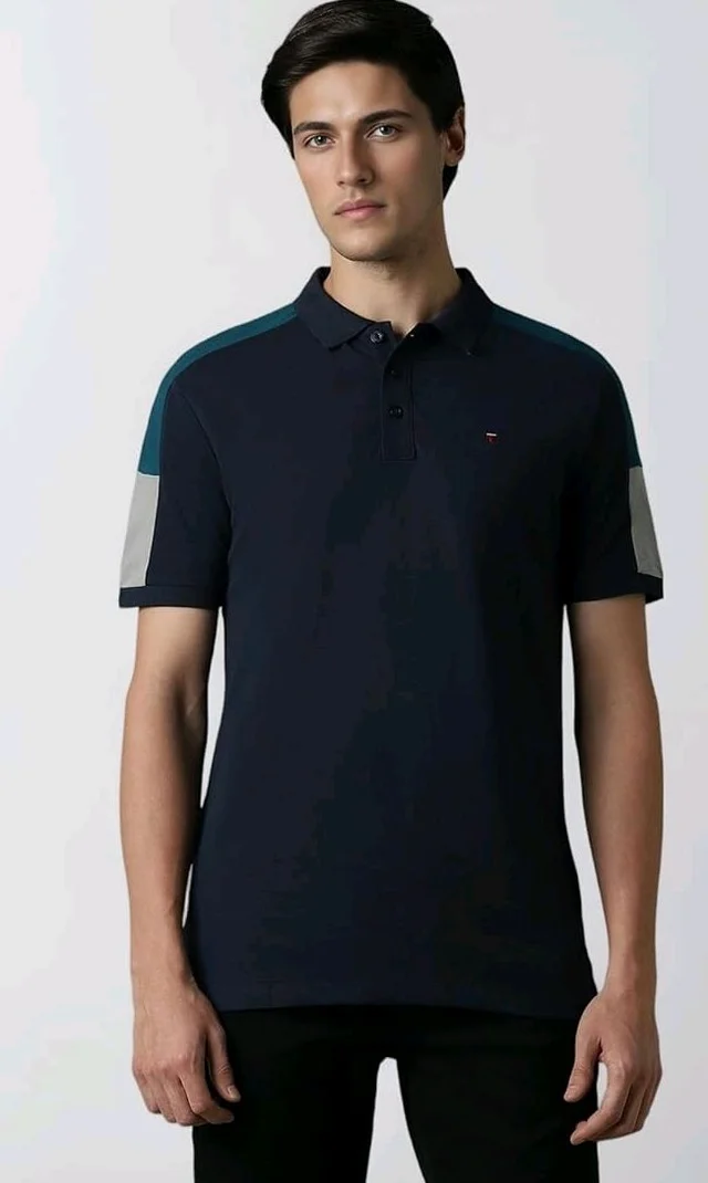Louis Philippe Men's Slim Fit Premium High-End Pique in Superior Cotton Cut & Sew Design Color Block Shoulder Half Sleeve Polo Tshirt
- M