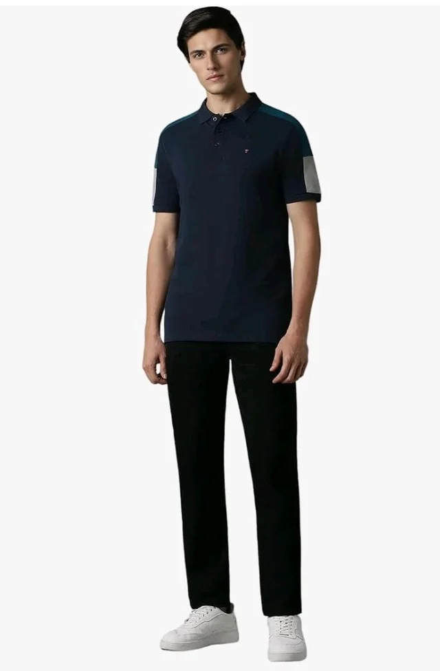 Louis Philippe Men's Slim Fit Premium High-End Pique in Superior Cotton Cut & Sew Design Color Block Shoulder Half Sleeve Polo Tshirt
- M