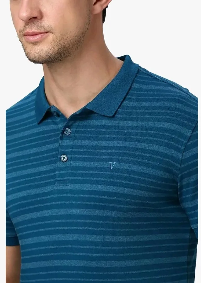 Van Heusen Men’s Striped Regular Fit T-Shirt | Comfortable Polo Neck | Soft Breathable Casual Wear | Summer Favorite | Horizontal Smart Stripes| Style 60063 - XL