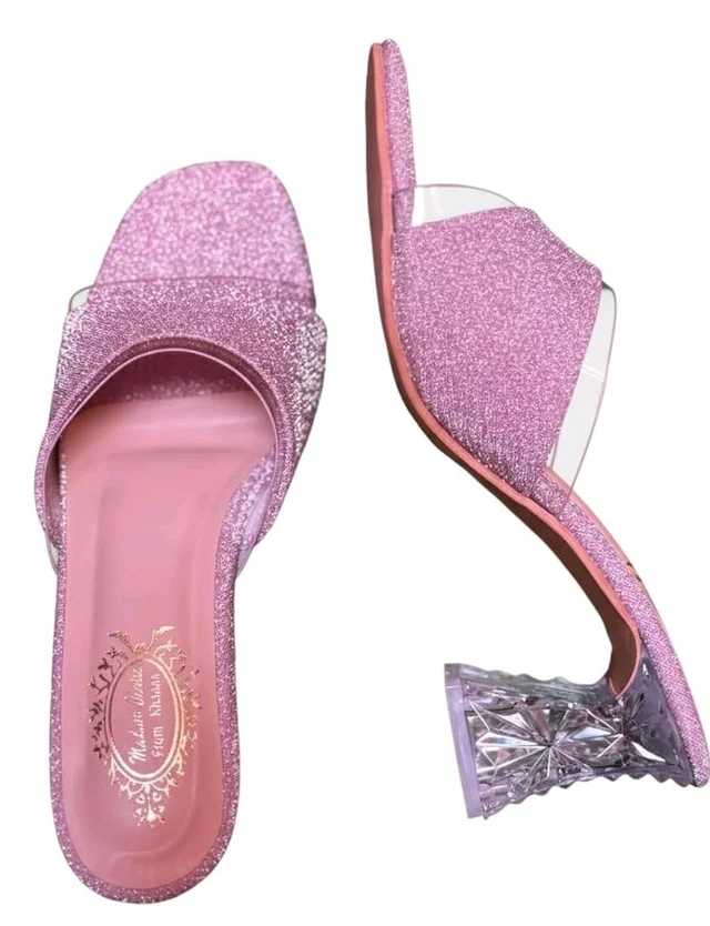 Women/Girl's Pink Sparkle Block Heel Mules | Clear Strap Open Toe Slip-On Sandal | Fancy Party & Casual Wear
- 8
