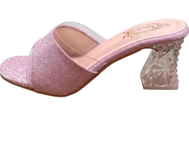 Women/Girl's Pink Sparkle Block Heel Mules | Clear Strap Open Toe Slip-On Sandal | Fancy Party & Casual Wear
- 8